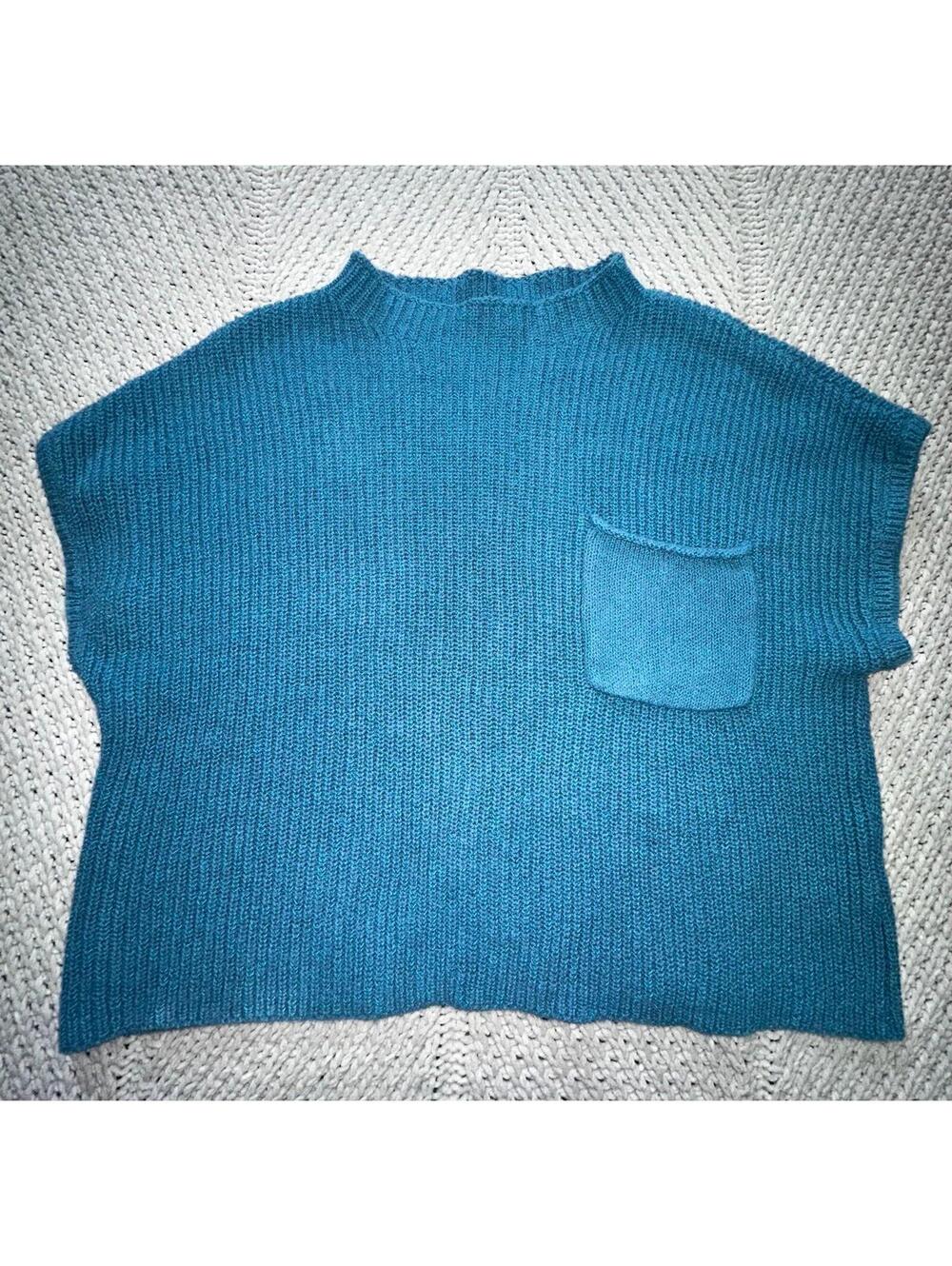 FP Beach Freya Blue Speckled Knit Sweater Mock Neck Short Sleeve Top Medium